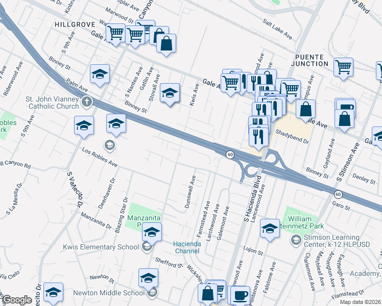 map of restaurants, bars, coffee shops, grocery stores, and more near 15518 Garo Street in Hacienda Heights