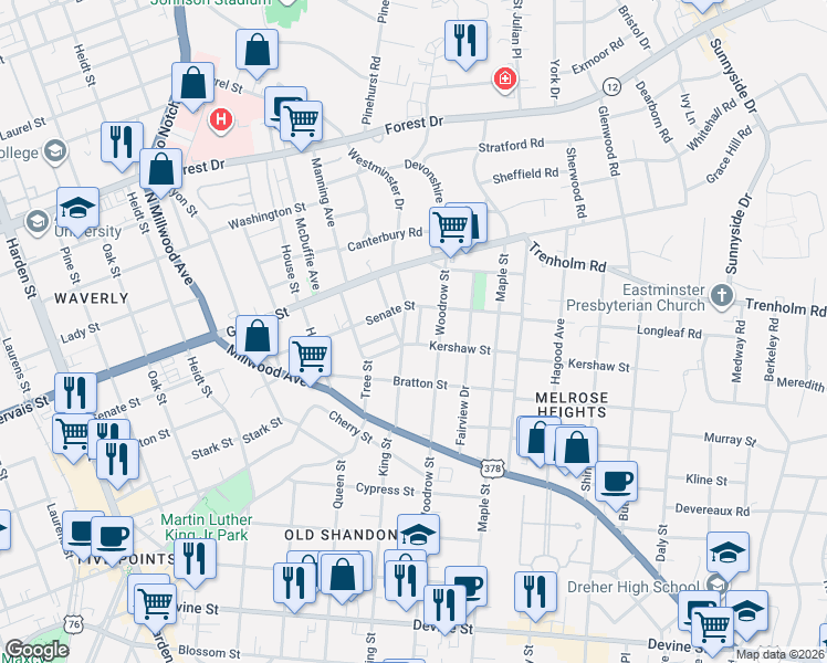map of restaurants, bars, coffee shops, grocery stores, and more near 1316 King Street in Columbia