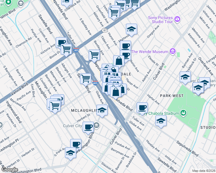 map of restaurants, bars, coffee shops, grocery stores, and more near 11167 Washington Boulevard in Culver City