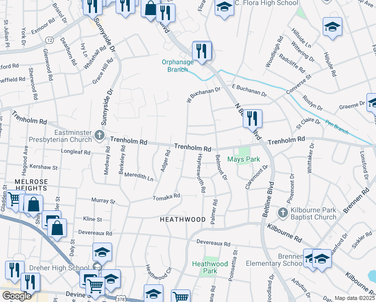 map of restaurants, bars, coffee shops, grocery stores, and more near 1543 Heatherwood Road in Columbia