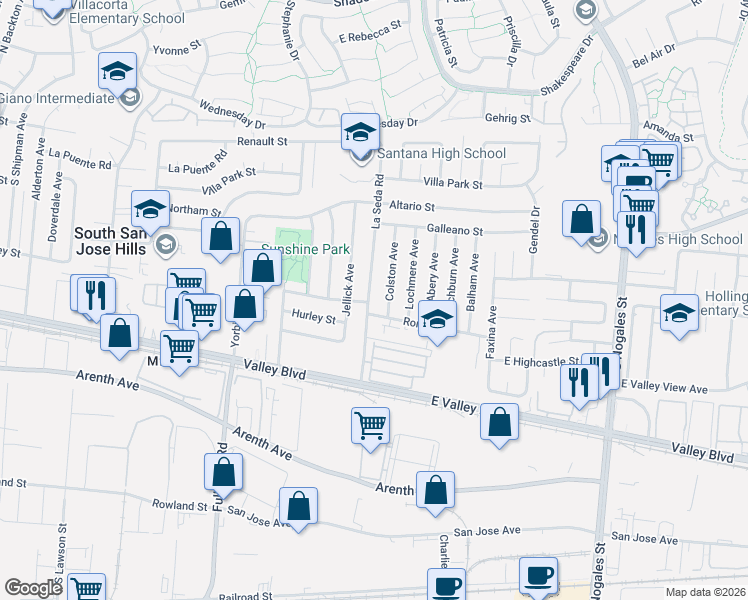 map of restaurants, bars, coffee shops, grocery stores, and more near 560 La Seda Road in La Puente