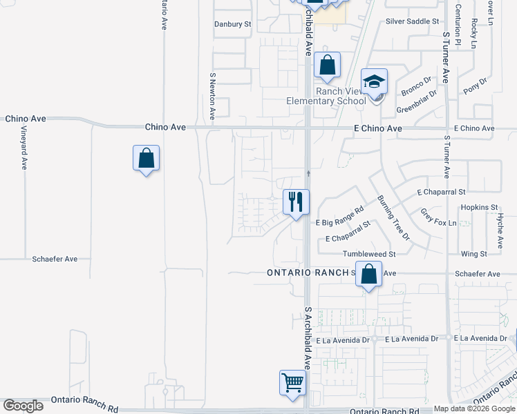map of restaurants, bars, coffee shops, grocery stores, and more near 9581 Chino Avenue in Ontario