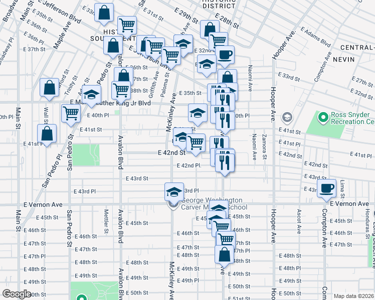 map of restaurants, bars, coffee shops, grocery stores, and more near 917 East 42nd Street in Los Angeles