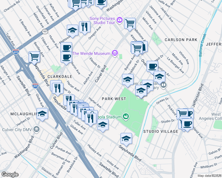 map of restaurants, bars, coffee shops, grocery stores, and more near 10943 Barman Avenue in Culver City