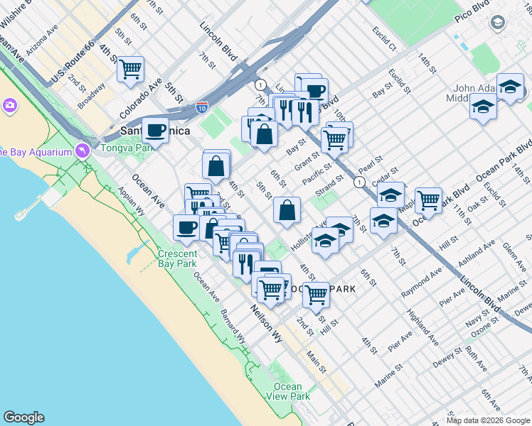map of restaurants, bars, coffee shops, grocery stores, and more near 402 Pacific Street in Santa Monica