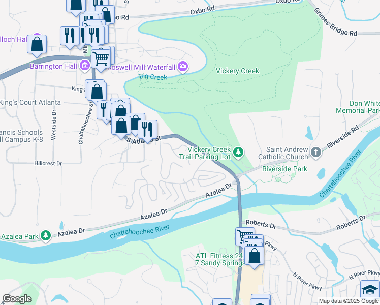 map of restaurants, bars, coffee shops, grocery stores, and more near 200 South Atlanta Street in Roswell
