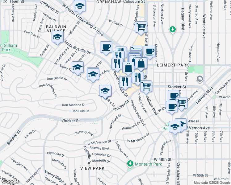 map of restaurants, bars, coffee shops, grocery stores, and more near 3740 Santa Rosalia Drive in Los Angeles