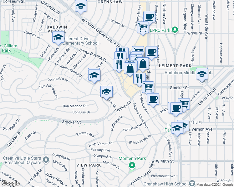 map of restaurants, bars, coffee shops, grocery stores, and more near 3740 Santa Rosalia Drive in Los Angeles