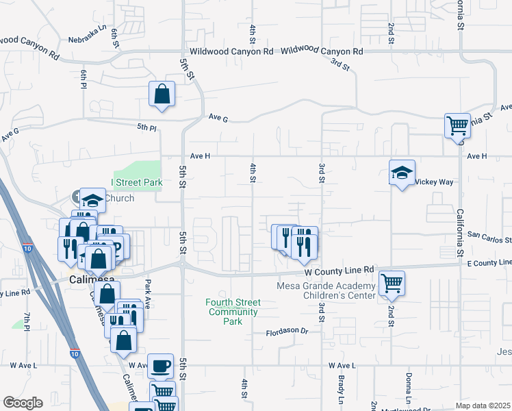 map of restaurants, bars, coffee shops, grocery stores, and more near 13543 4th Street in Yucaipa