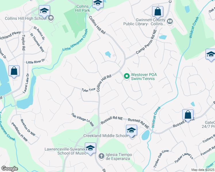 map of restaurants, bars, coffee shops, grocery stores, and more near 1900 Foster Trace Ct in Lawrenceville