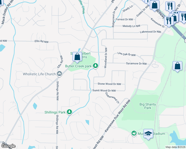map of restaurants, bars, coffee shops, grocery stores, and more near 5030 Woodland Drive Northwest in Kennesaw