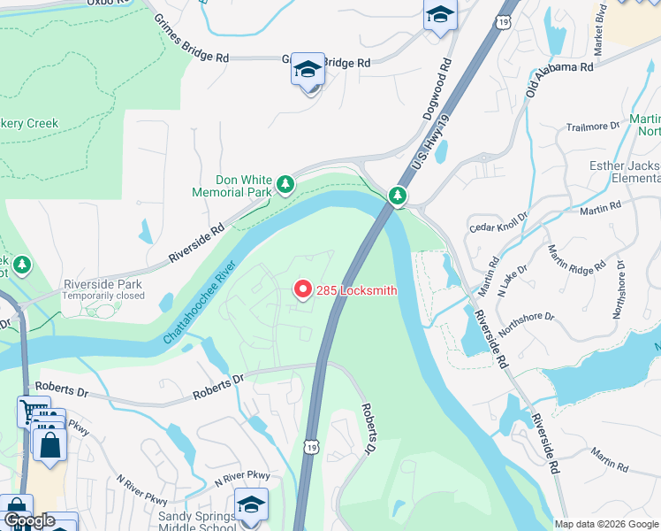 map of restaurants, bars, coffee shops, grocery stores, and more near 1905 Queen Anne Court in Sandy Springs