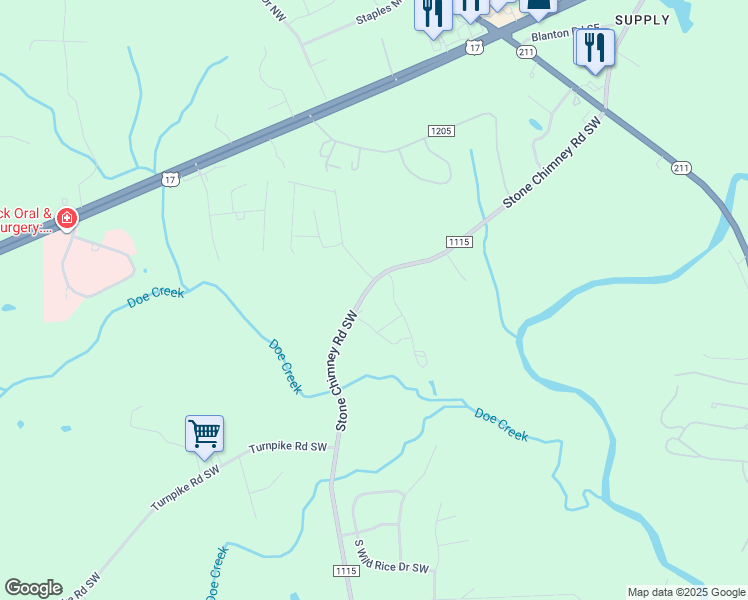 map of restaurants, bars, coffee shops, grocery stores, and more near 402 Stone Chimney Rd SW in Brunswick