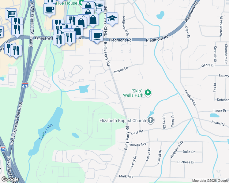 map of restaurants, bars, coffee shops, grocery stores, and more near 2318 Barrett Cottage PIace in Marietta