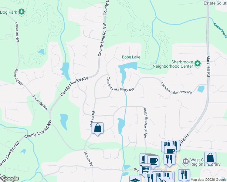 map of restaurants, bars, coffee shops, grocery stores, and more near 2486 Saluda Drive Northwest in Acworth