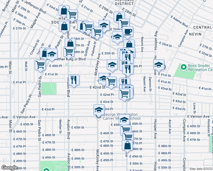 map of restaurants, bars, coffee shops, grocery stores, and more near 917 East 42nd Street in Los Angeles