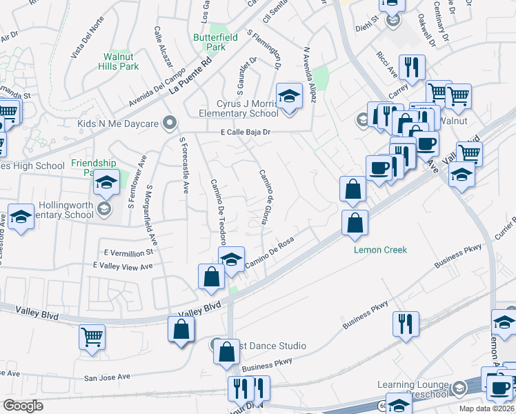 map of restaurants, bars, coffee shops, grocery stores, and more near 537 Camino de Gloria in Walnut
