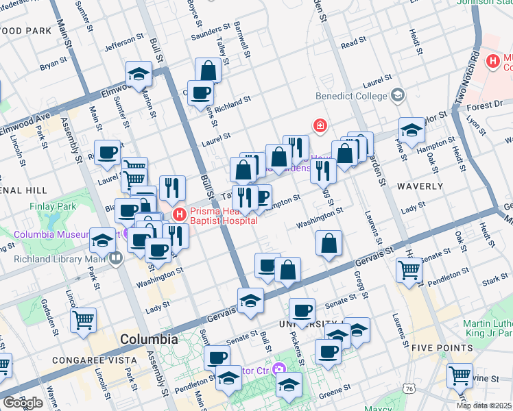 map of restaurants, bars, coffee shops, grocery stores, and more near 1611 Hampton Street in Columbia