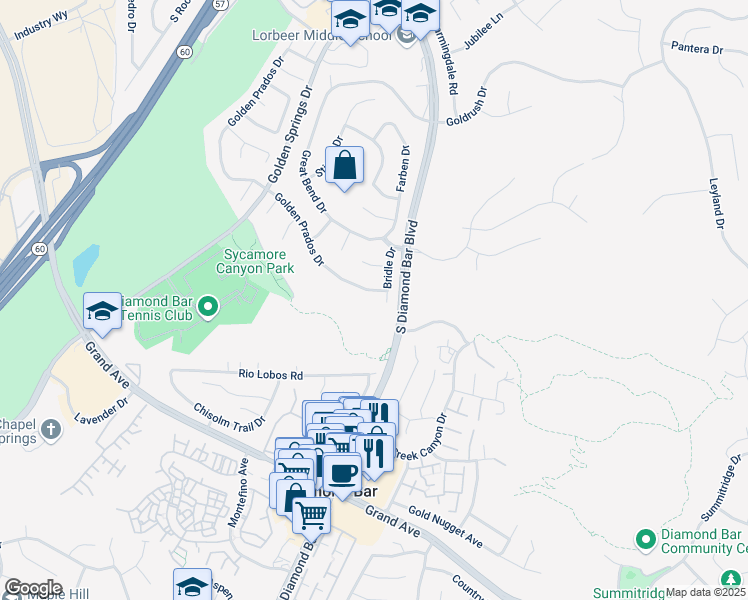 map of restaurants, bars, coffee shops, grocery stores, and more near 925 Golden Prados Drive in Diamond Bar