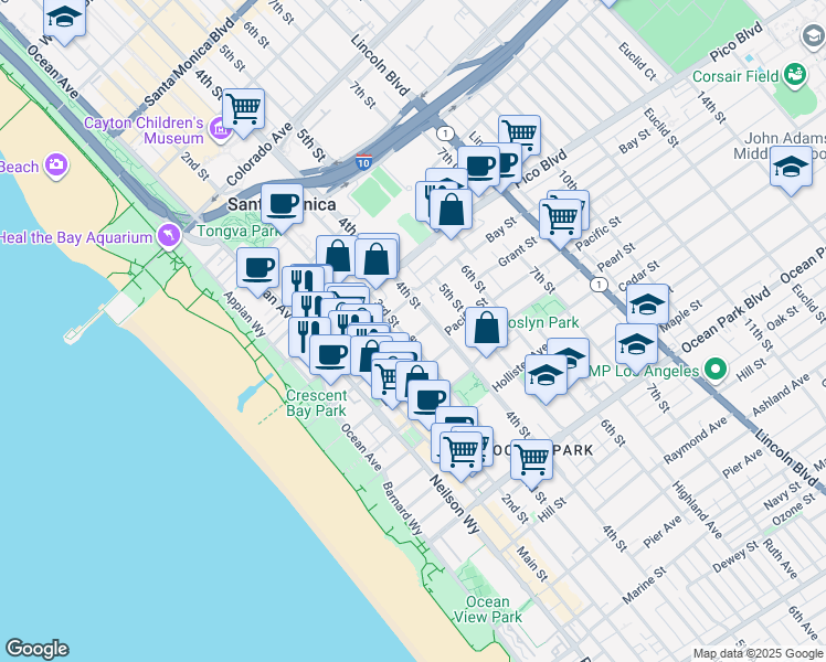 map of restaurants, bars, coffee shops, grocery stores, and more near 2027 3rd Street in Santa Monica