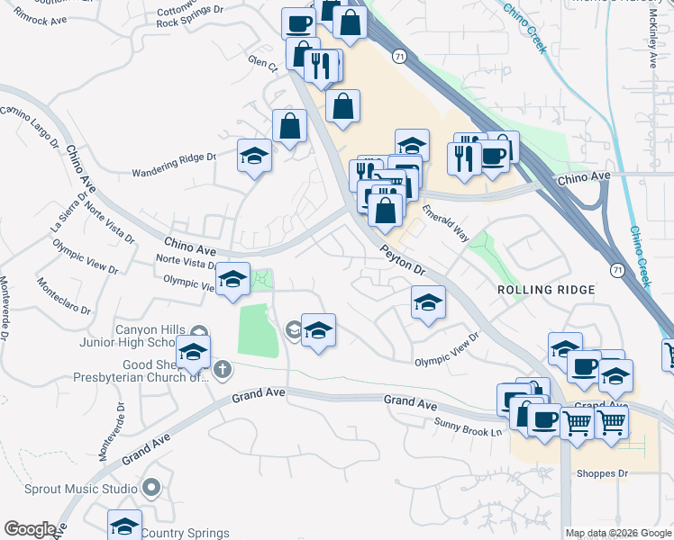 map of restaurants, bars, coffee shops, grocery stores, and more near 13530 Tawny Lane in Chino Hills