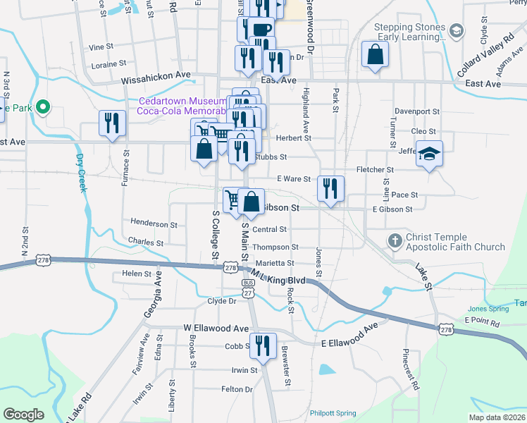 map of restaurants, bars, coffee shops, grocery stores, and more near 123 East Gibson Street in Cedartown