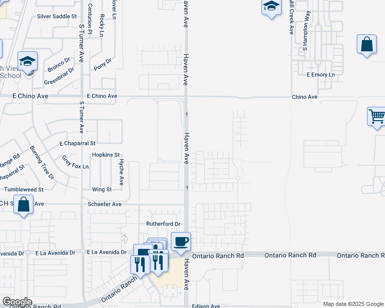 map of restaurants, bars, coffee shops, grocery stores, and more near 3620 South Allston Paseo in Ontario