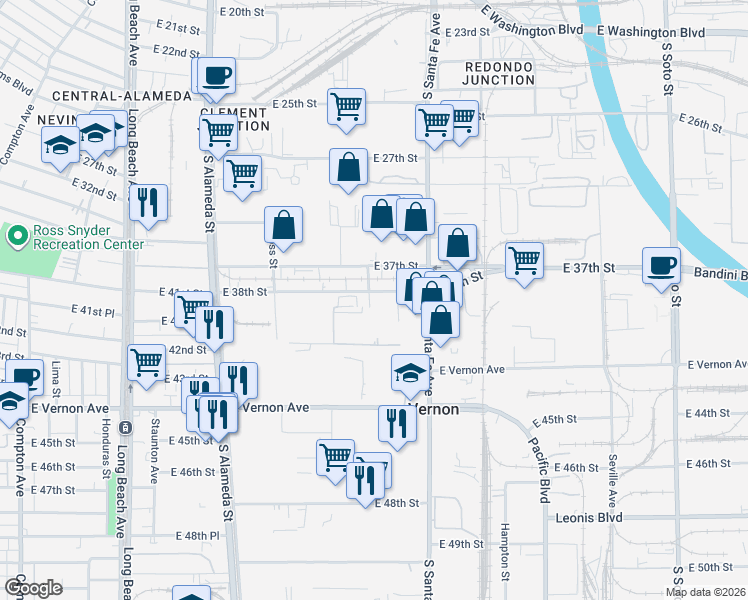map of restaurants, bars, coffee shops, grocery stores, and more near 2302 East 38th Street in Vernon