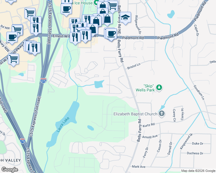map of restaurants, bars, coffee shops, grocery stores, and more near 203 Creekway Court in Marietta