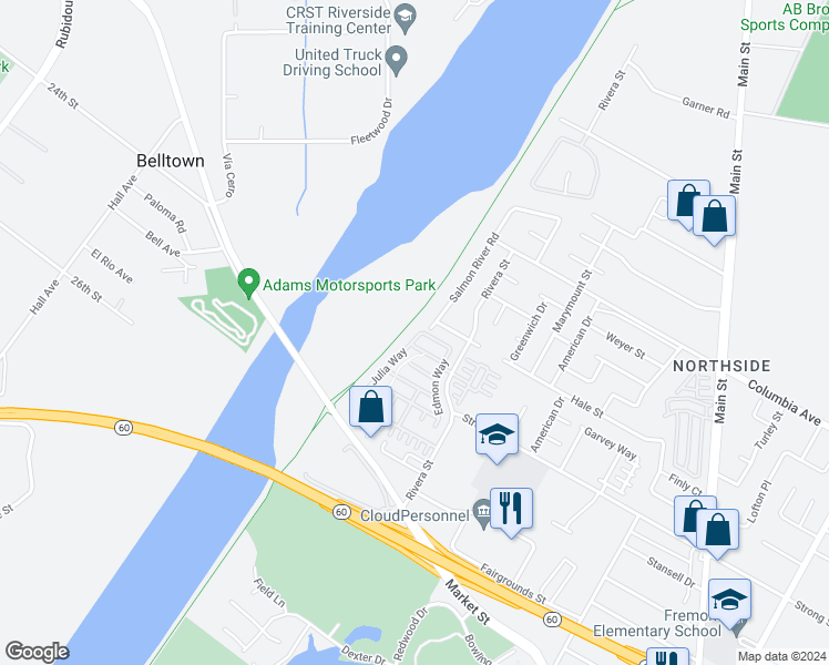 map of restaurants, bars, coffee shops, grocery stores, and more near 1549 Julia Way in Riverside