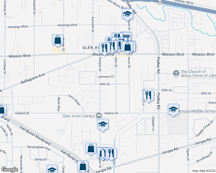 map of restaurants, bars, coffee shops, grocery stores, and more near 9150 44th Street in Riverside
