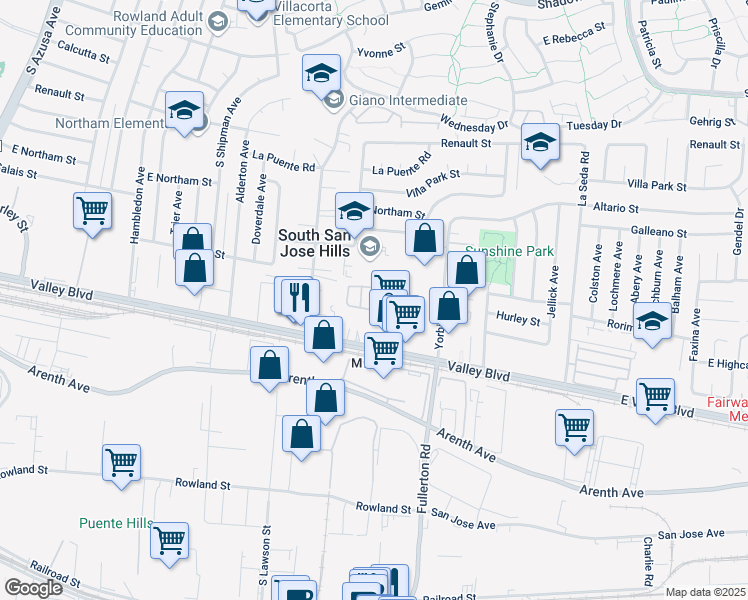 map of restaurants, bars, coffee shops, grocery stores, and more near 18151 Valley Boulevard in La Puente