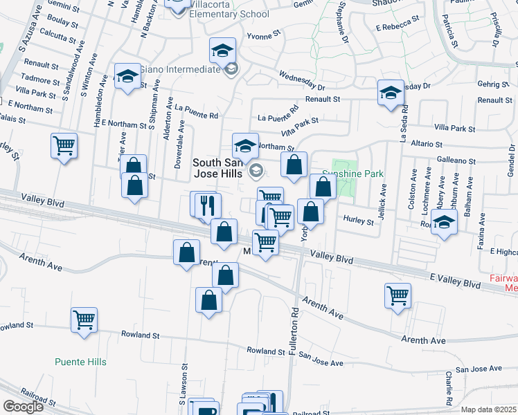 map of restaurants, bars, coffee shops, grocery stores, and more near 18151 Valley Boulevard in La Puente