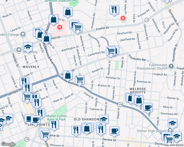 map of restaurants, bars, coffee shops, grocery stores, and more near 2513 Senate Street in Columbia