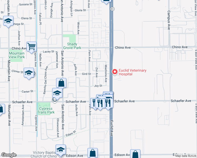 map of restaurants, bars, coffee shops, grocery stores, and more near 7025 Angora Street in Chino