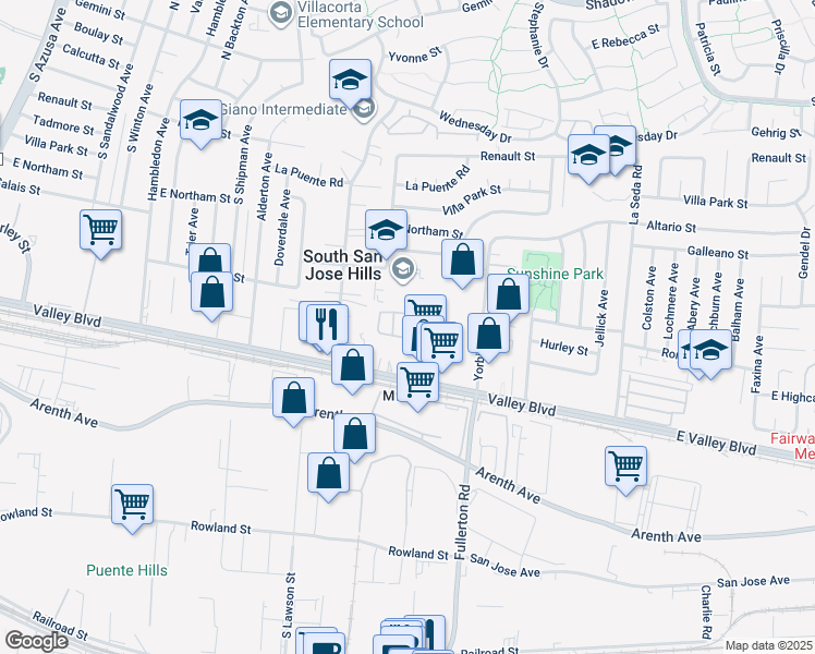 map of restaurants, bars, coffee shops, grocery stores, and more near 18151 Valley Boulevard in La Puente