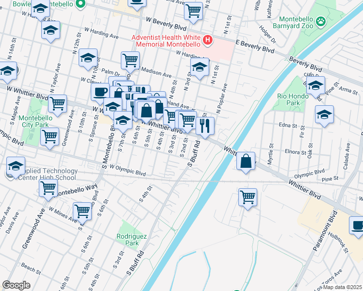 map of restaurants, bars, coffee shops, grocery stores, and more near in Montebello