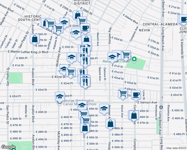 map of restaurants, bars, coffee shops, grocery stores, and more near 1136 East 41st Place in Los Angeles