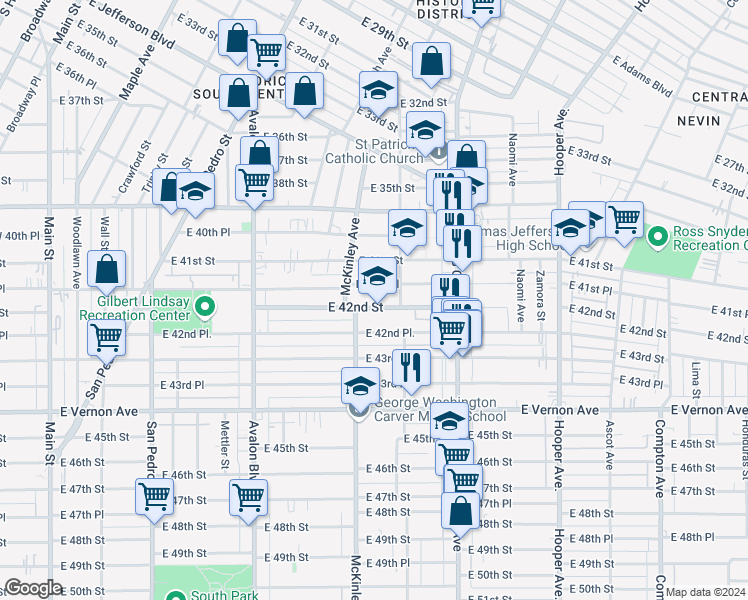 map of restaurants, bars, coffee shops, grocery stores, and more near 886 East 41st Place in Los Angeles