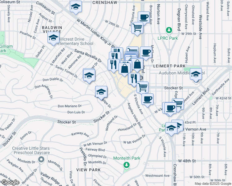 map of restaurants, bars, coffee shops, grocery stores, and more near 3749 Lockland Drive in Los Angeles