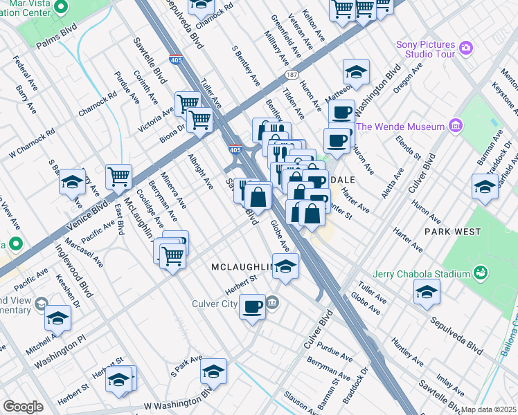 map of restaurants, bars, coffee shops, grocery stores, and more near 11263 Washington Place in Culver City