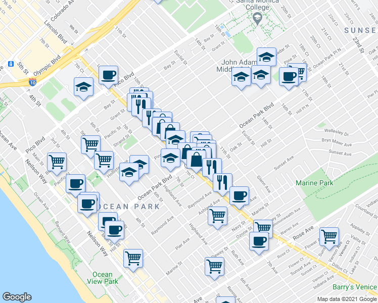 map of restaurants, bars, coffee shops, grocery stores, and more near 834 Maple Street in Santa Monica