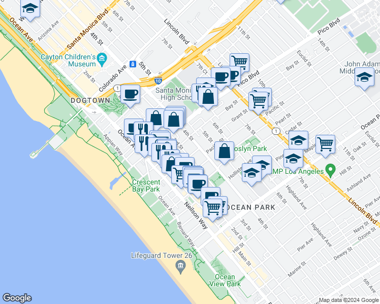 map of restaurants, bars, coffee shops, grocery stores, and more near 2021 3rd Street in Santa Monica