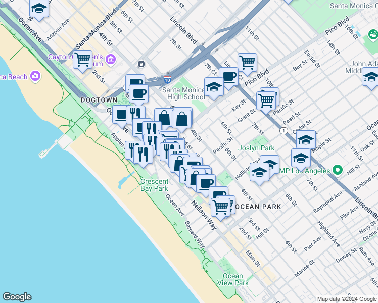 map of restaurants, bars, coffee shops, grocery stores, and more near 239 Bay Street in Santa Monica