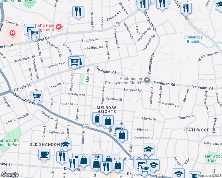 map of restaurants, bars, coffee shops, grocery stores, and more near 1500 Shirley Street in Columbia
