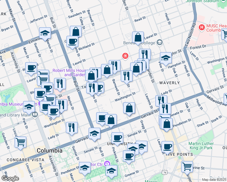 map of restaurants, bars, coffee shops, grocery stores, and more near 1444 Barnwell Street in Columbia