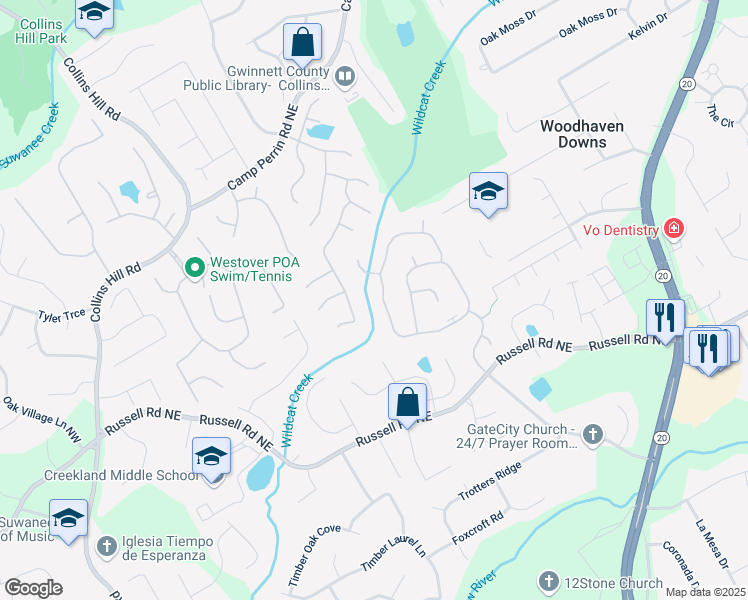 map of restaurants, bars, coffee shops, grocery stores, and more near 2160 Waters Ferry Drive in Lawrenceville