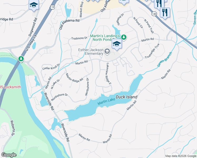 map of restaurants, bars, coffee shops, grocery stores, and more near 250 Lakeview Ridge West in Roswell