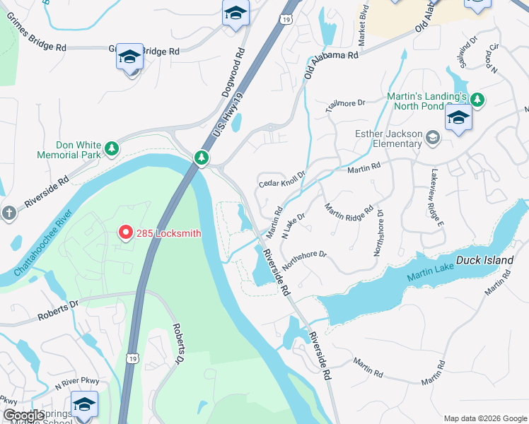 map of restaurants, bars, coffee shops, grocery stores, and more near 600 Cedar Knoll Court in Roswell