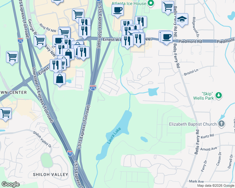 map of restaurants, bars, coffee shops, grocery stores, and more near 78 Flatwood Trail in Marietta